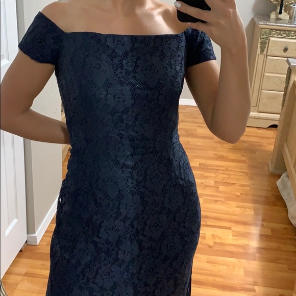 Lauren Ralph Lace Overlay Evening Dress Gown Navy - Picture 3 of 6